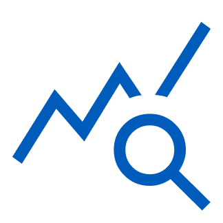 Icon of a chart line going up with a magnifying glass, to represent clinical development.