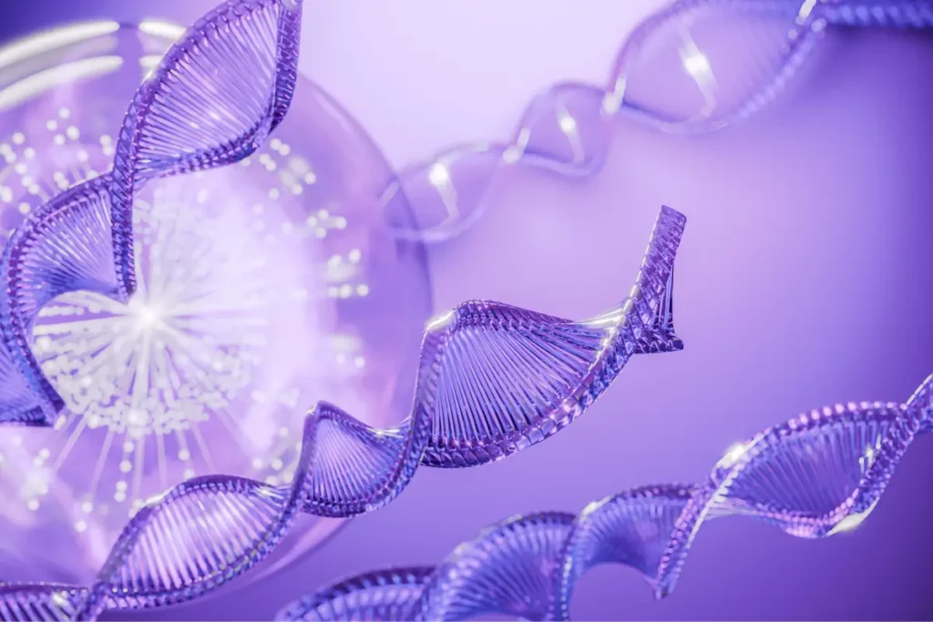 A digitally rendered image of a purple DNA helix, centered over a blurred, glowing circular pattern. The image has a futuristic, scientific tone.