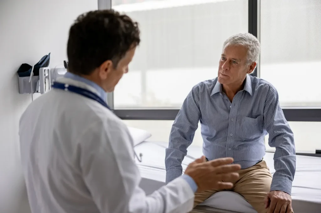 Healthcare provider in a white coat talking to an attentive older man on a medical exam table.
