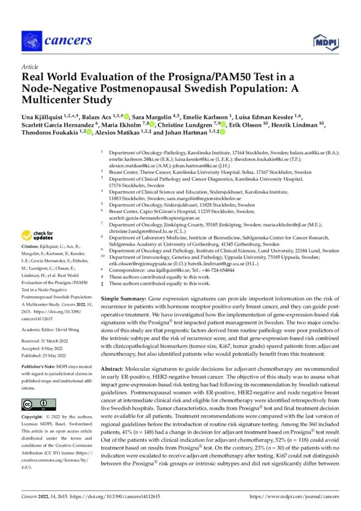 Real World Evaluation of the Prosigna PAM50 Test in a N0 Postmenopausal Swedish Population a Multicenter Study Poster