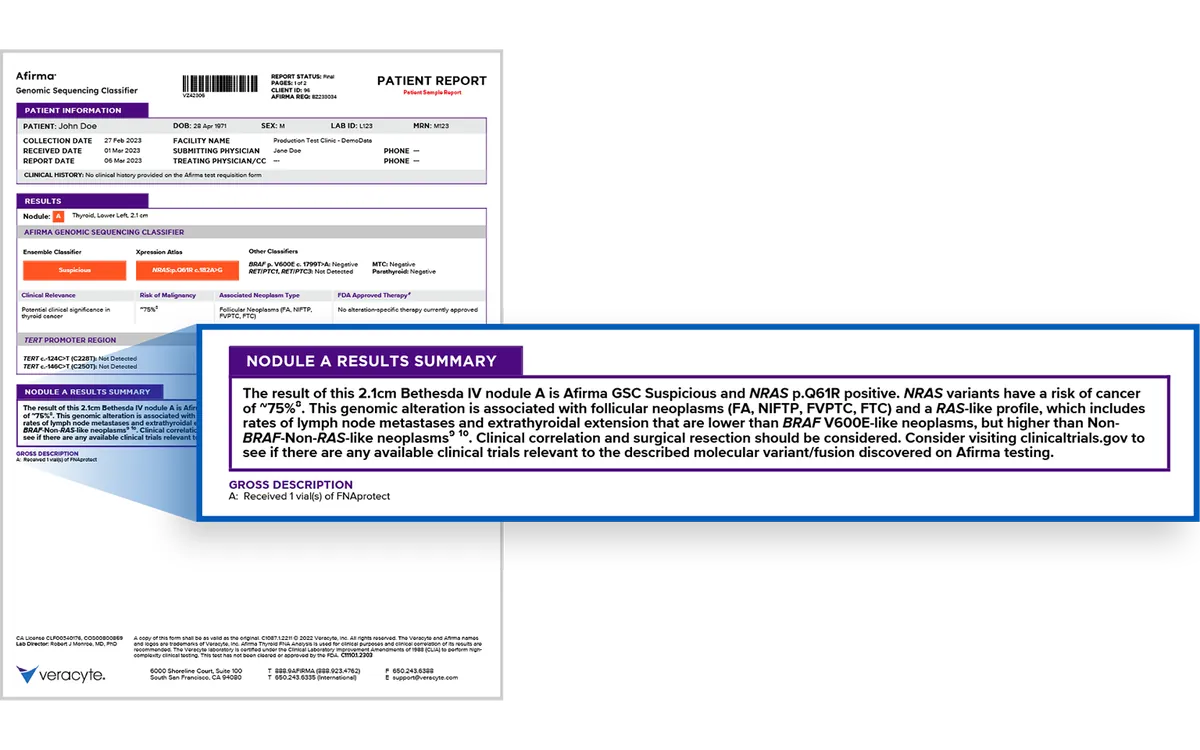 afirma patient report nodule A results summary