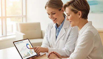 two female physicians reviewing data on a tablet device